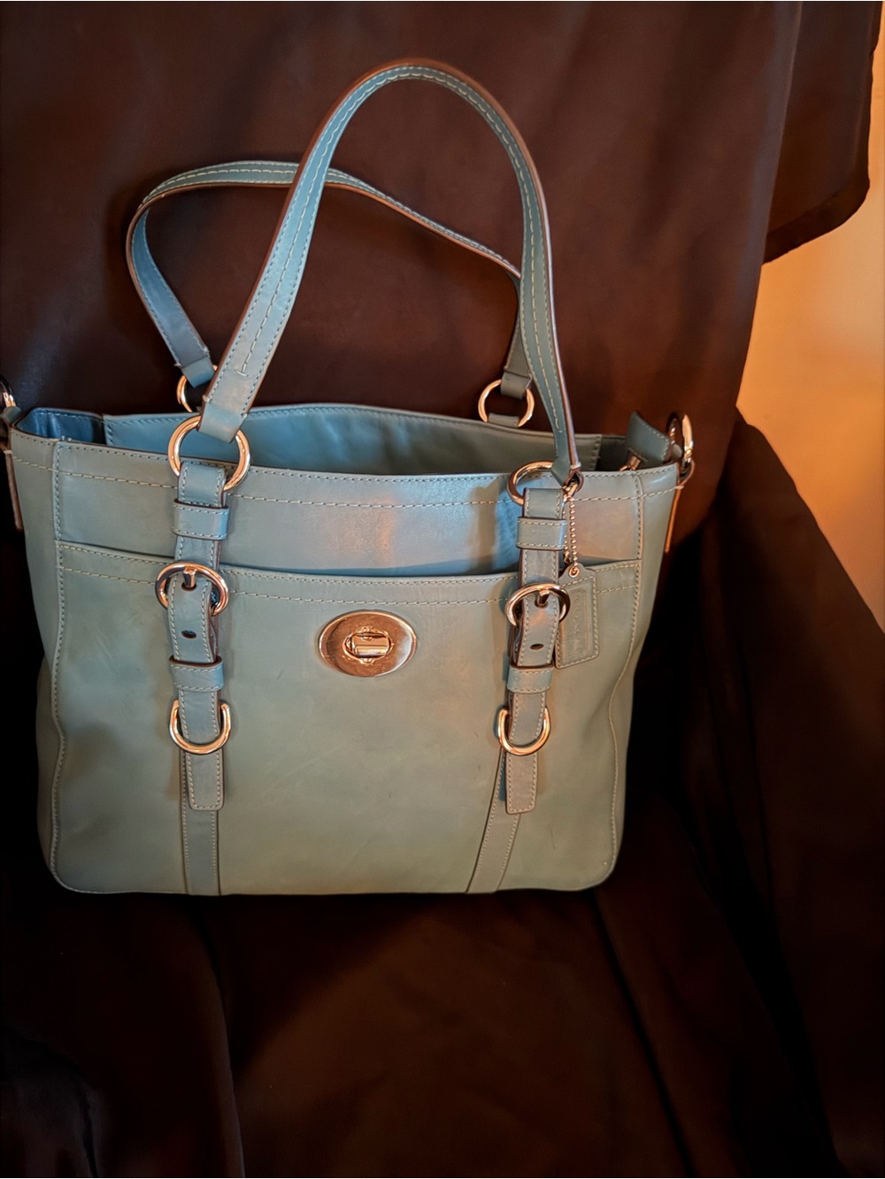 Coach Blue Leather Shoulder Tote with Polished Hardware
